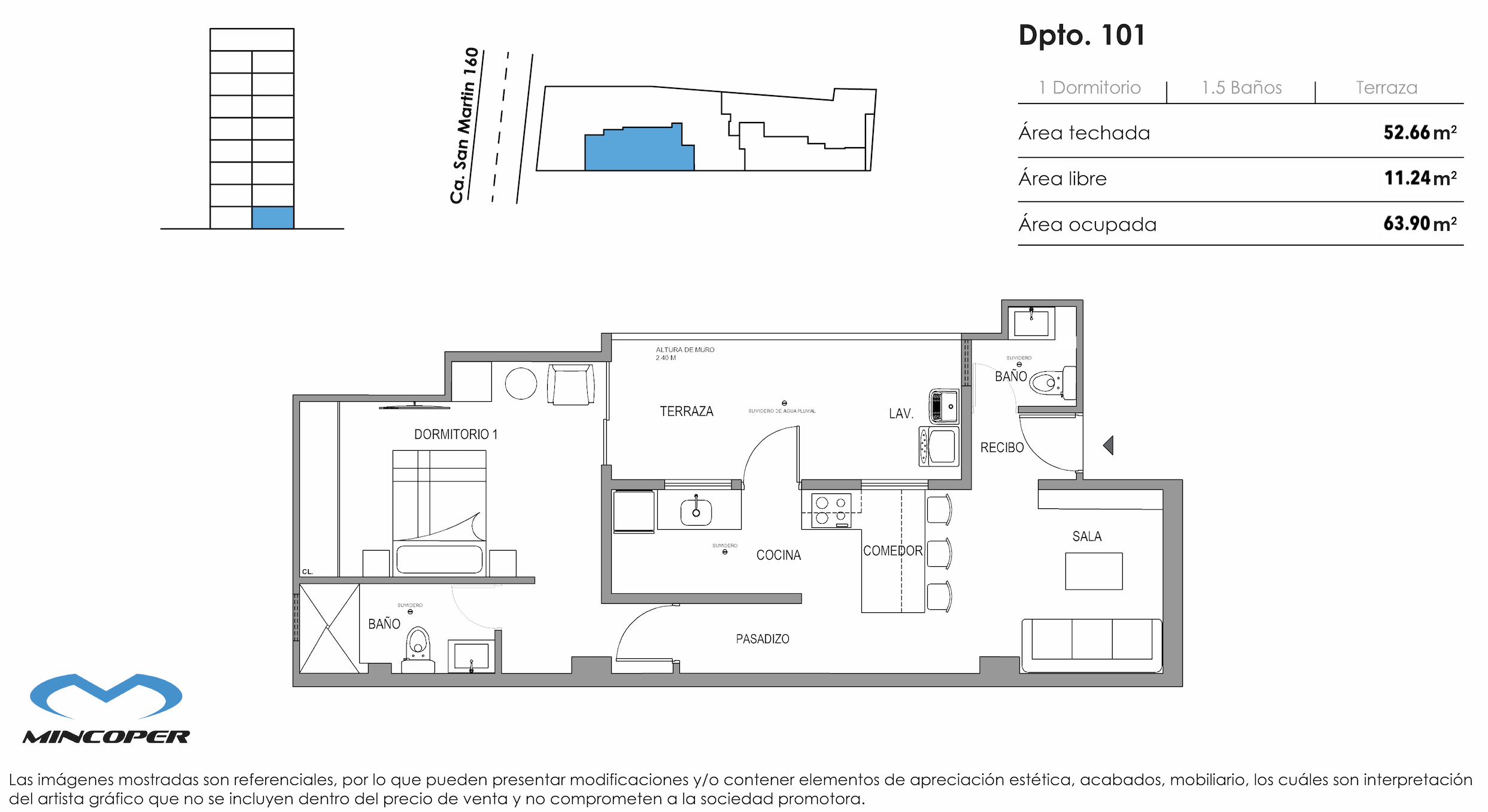 Área total: 63,90 m² / Baños: 1,5 / Dormitorios: 1
