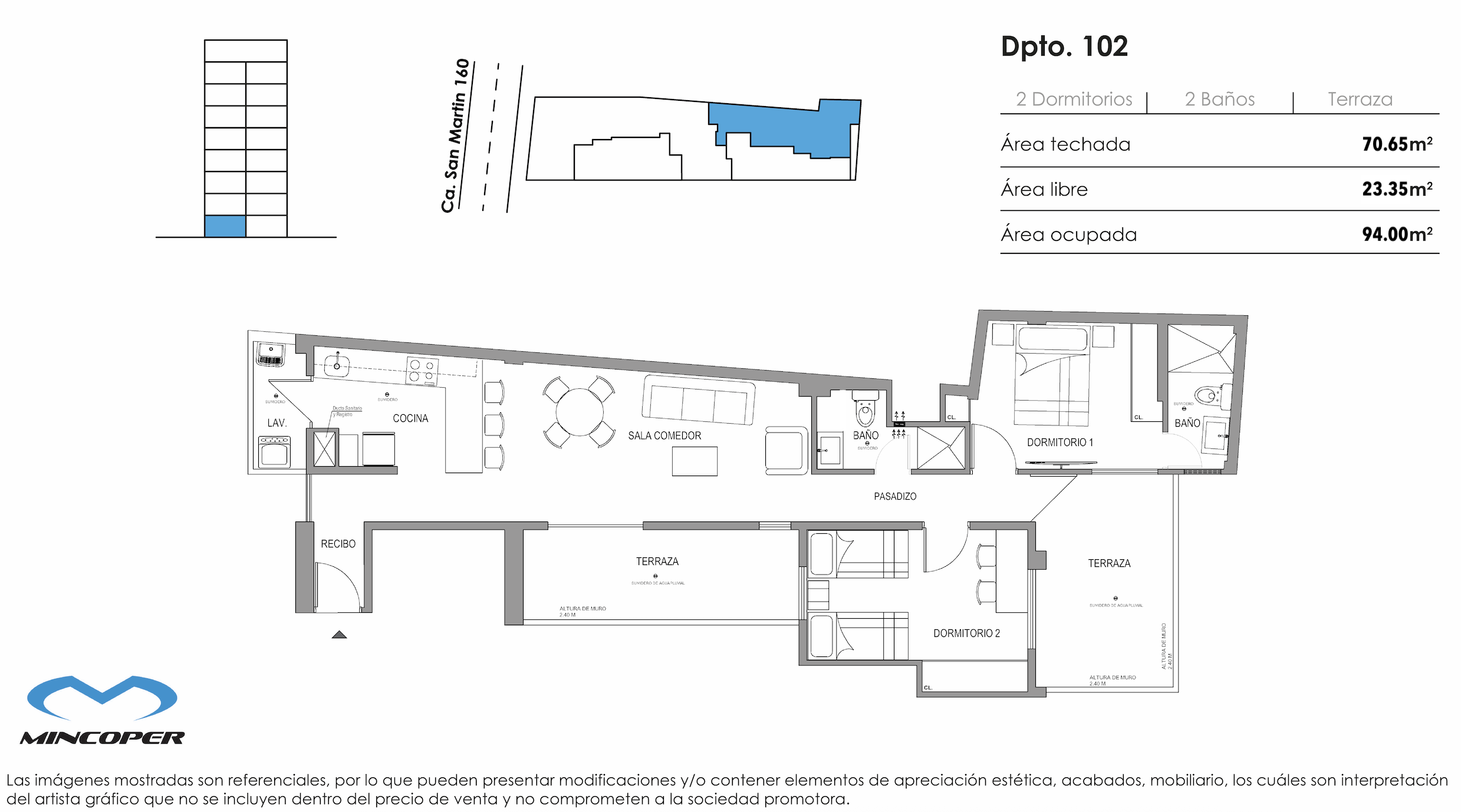 Área total: 94 m² / Baños: 2 / Dormitorios: 2