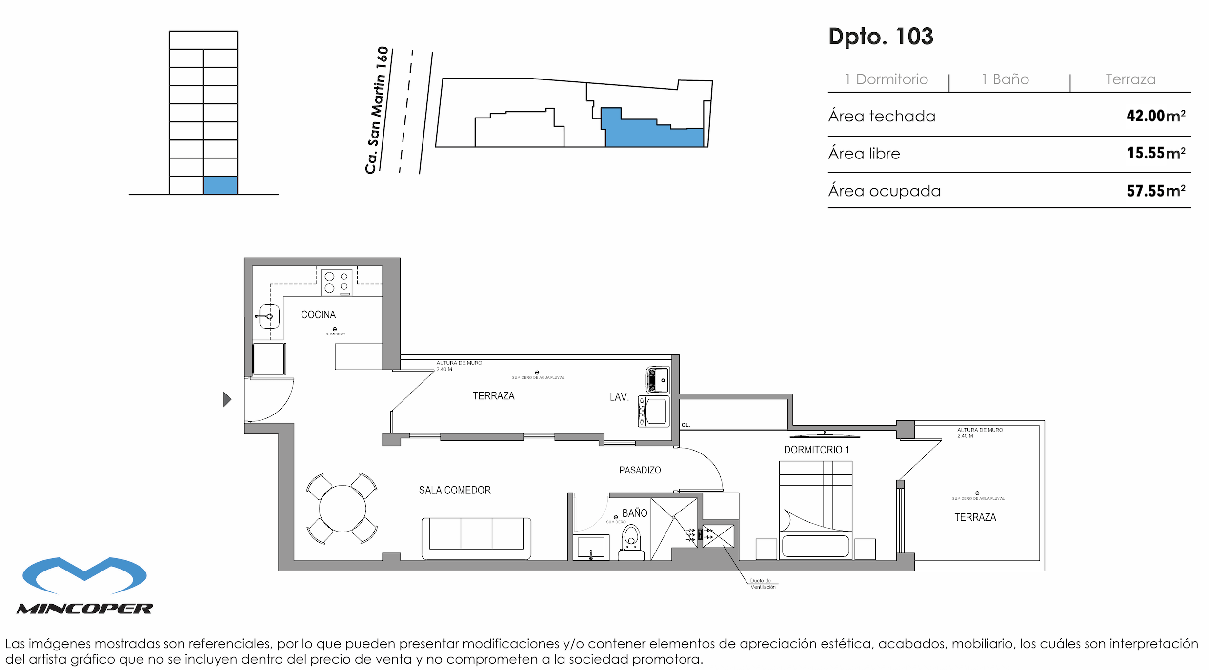 Área total: 57,55 m² / Baños: 1 / Dormitorios: 1