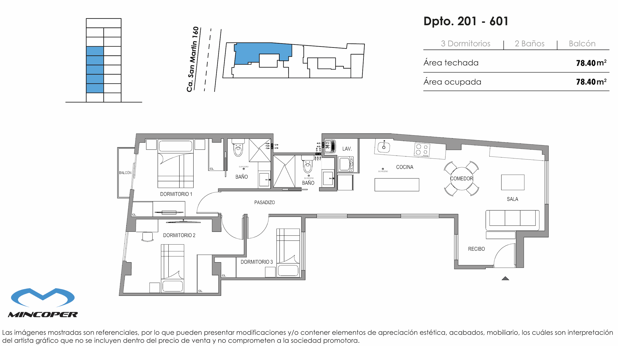 Área total: 78,40 m² / Baños: 2 / Dormitorios: 3