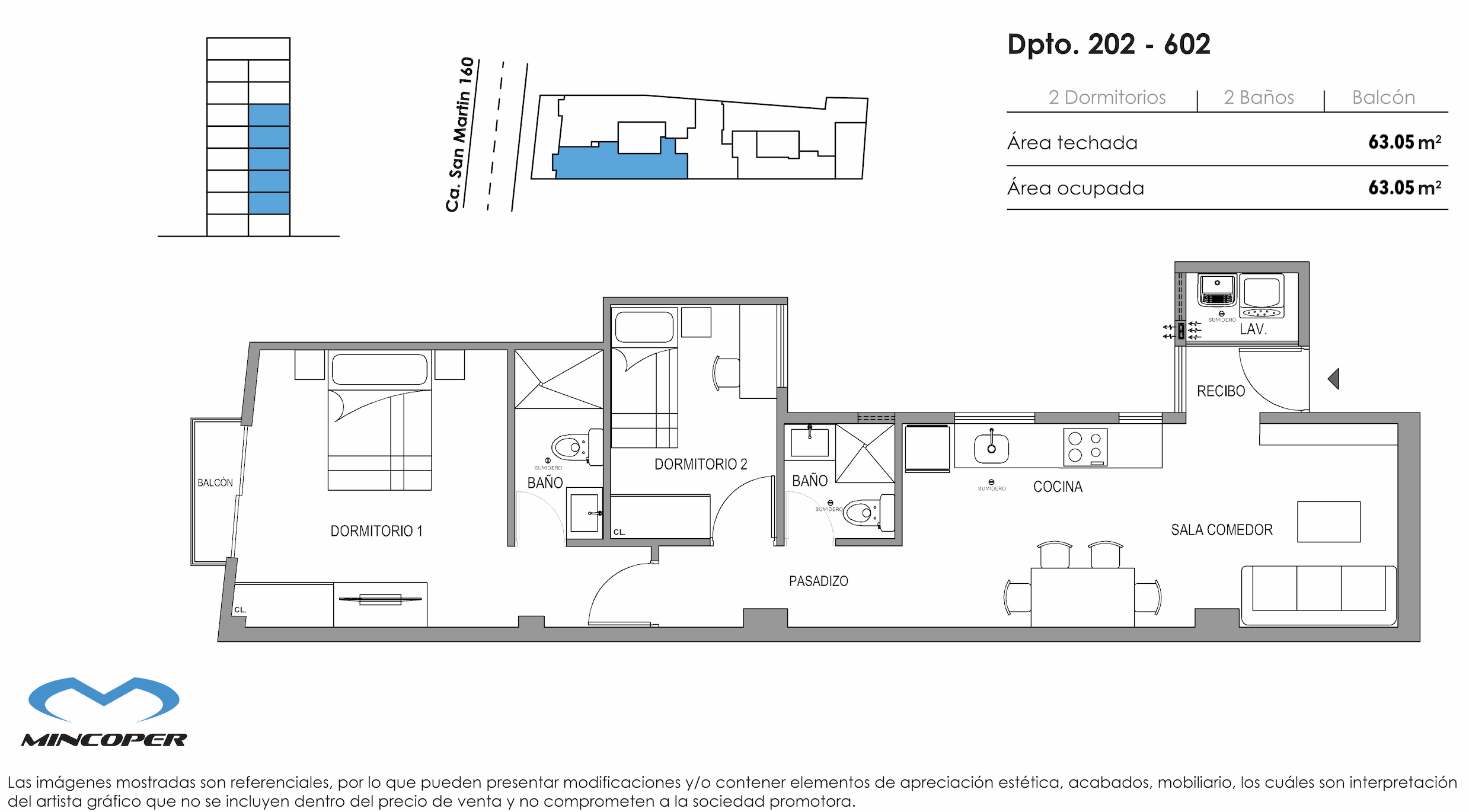 Área total: 63,05 m² / Baños: 2 / Dormitorios: 2