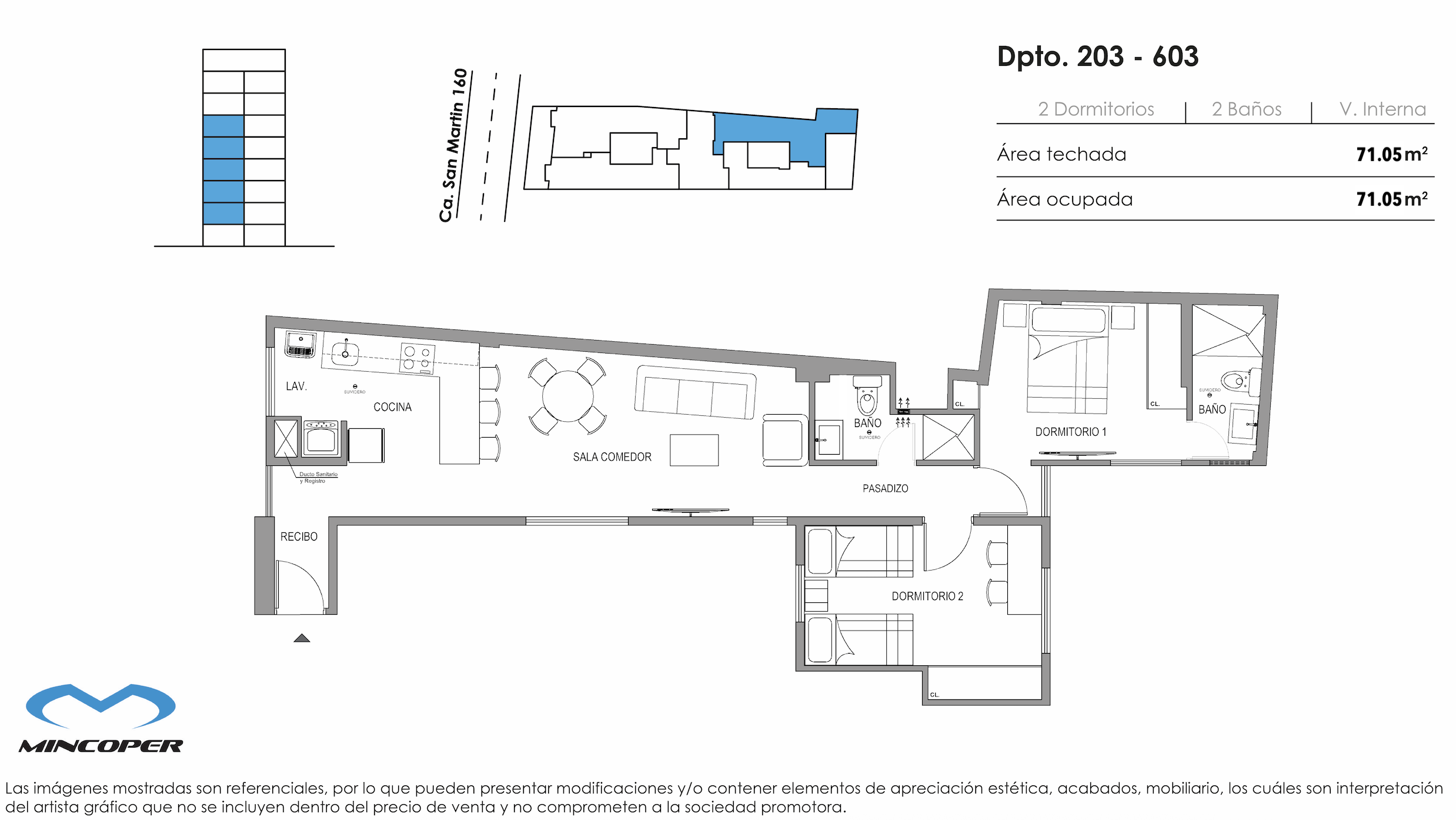 Área total: 71.05 m² / Baños: 2 / Dormitorios: 2