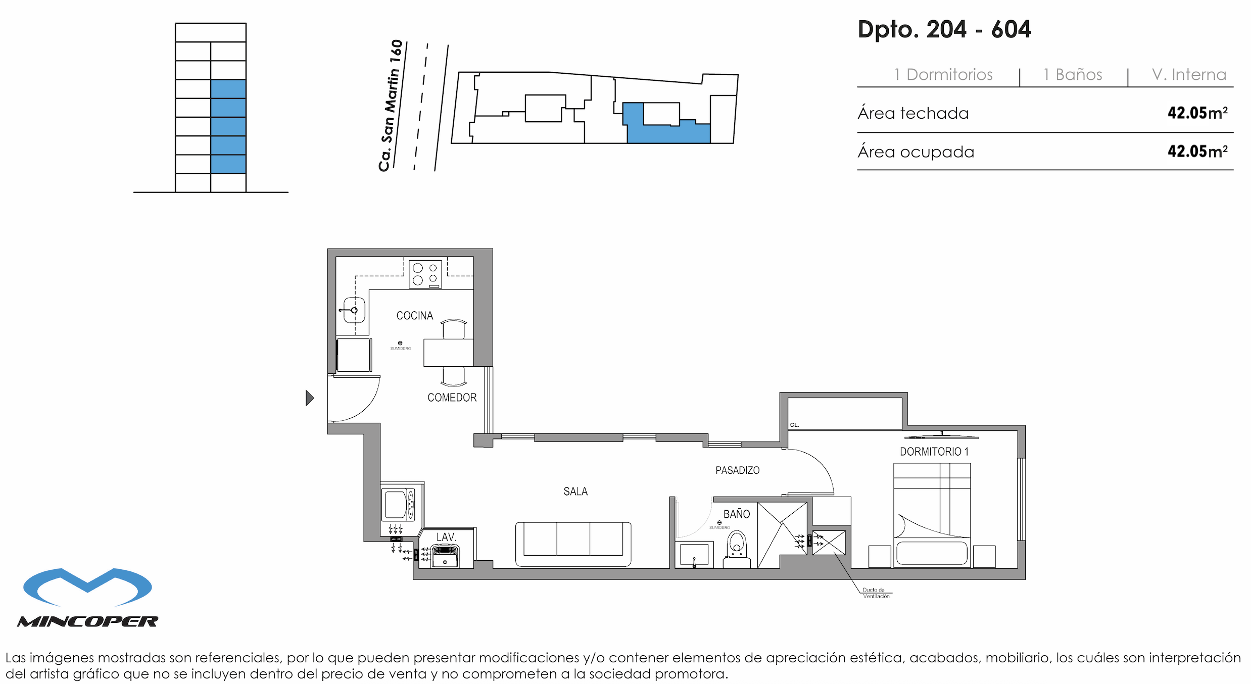 Área total: 42,05 m² / Baños: 1 / Dormitorios: 1