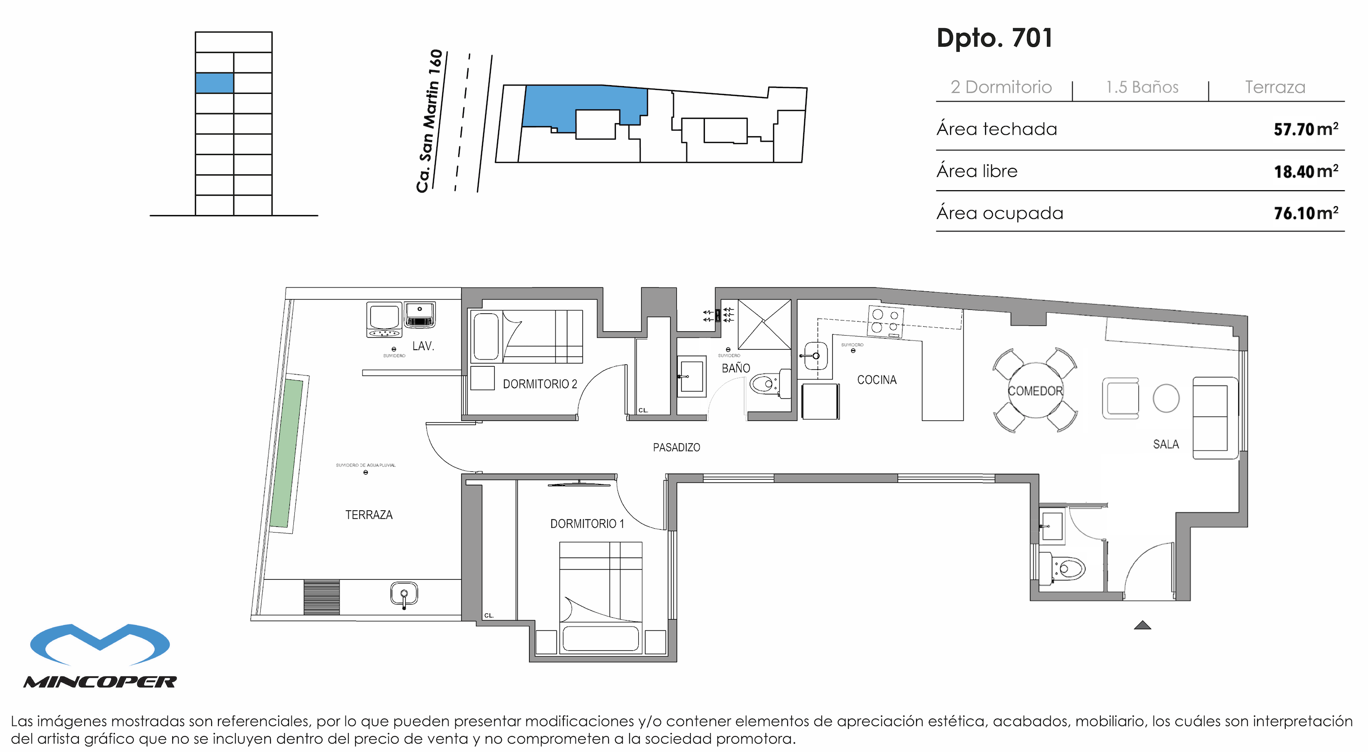 Área total: 76,10 m² / Baños: 1,5 / Dormitorios: 2
