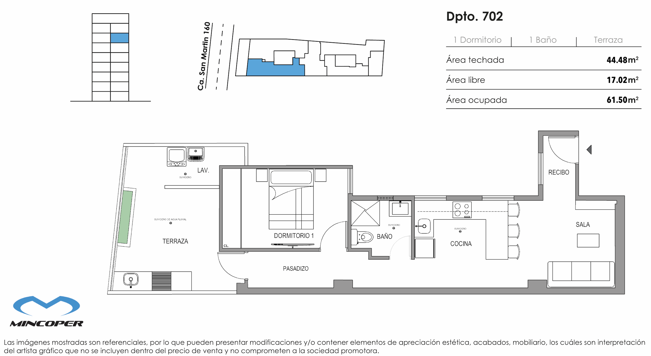 Área total: 61,50 m² / Baños: 1 / Dormitorios: 1