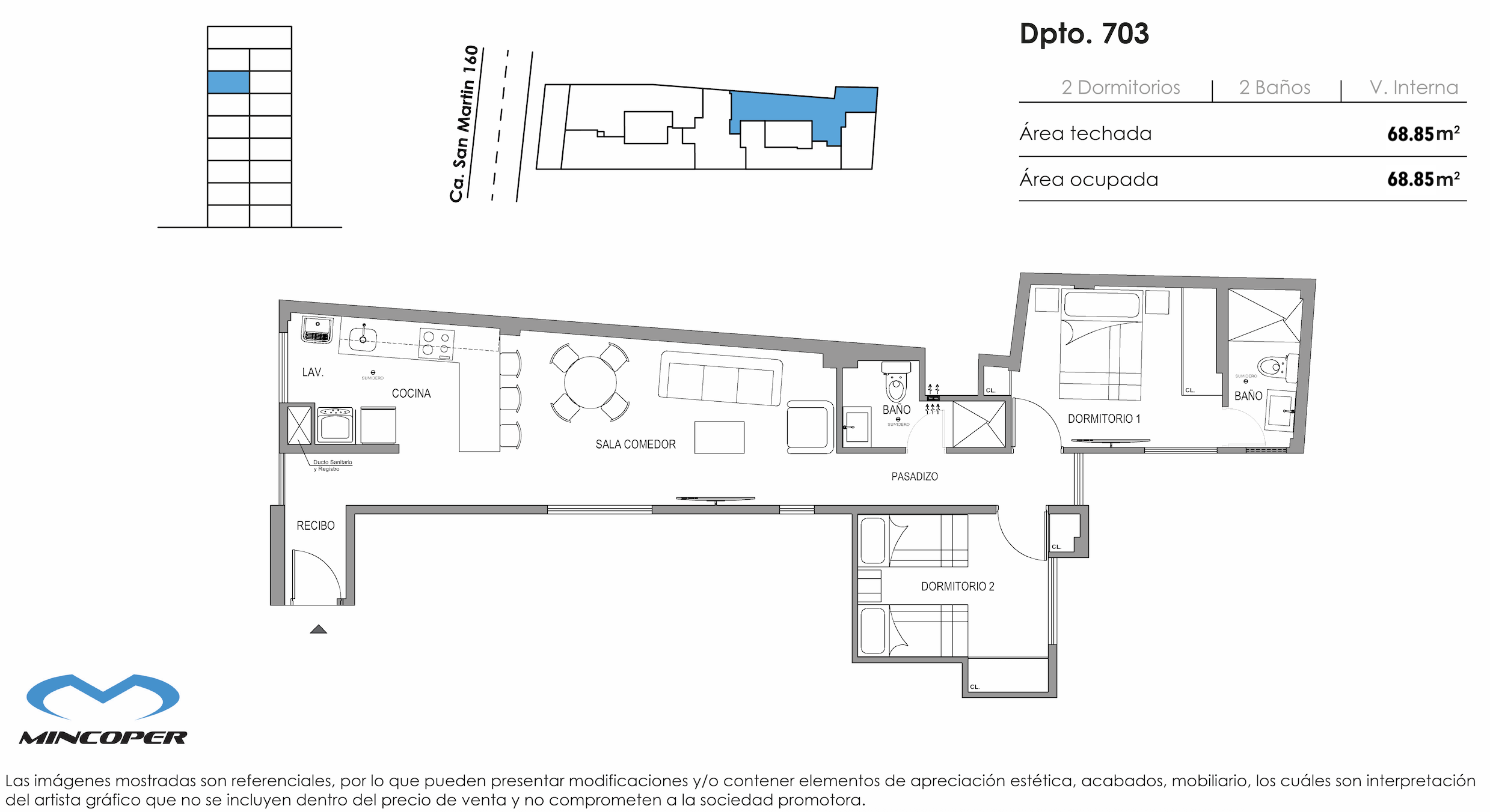 Área total: 68,85 m² / Baños: 2 / Dormitorios: 2