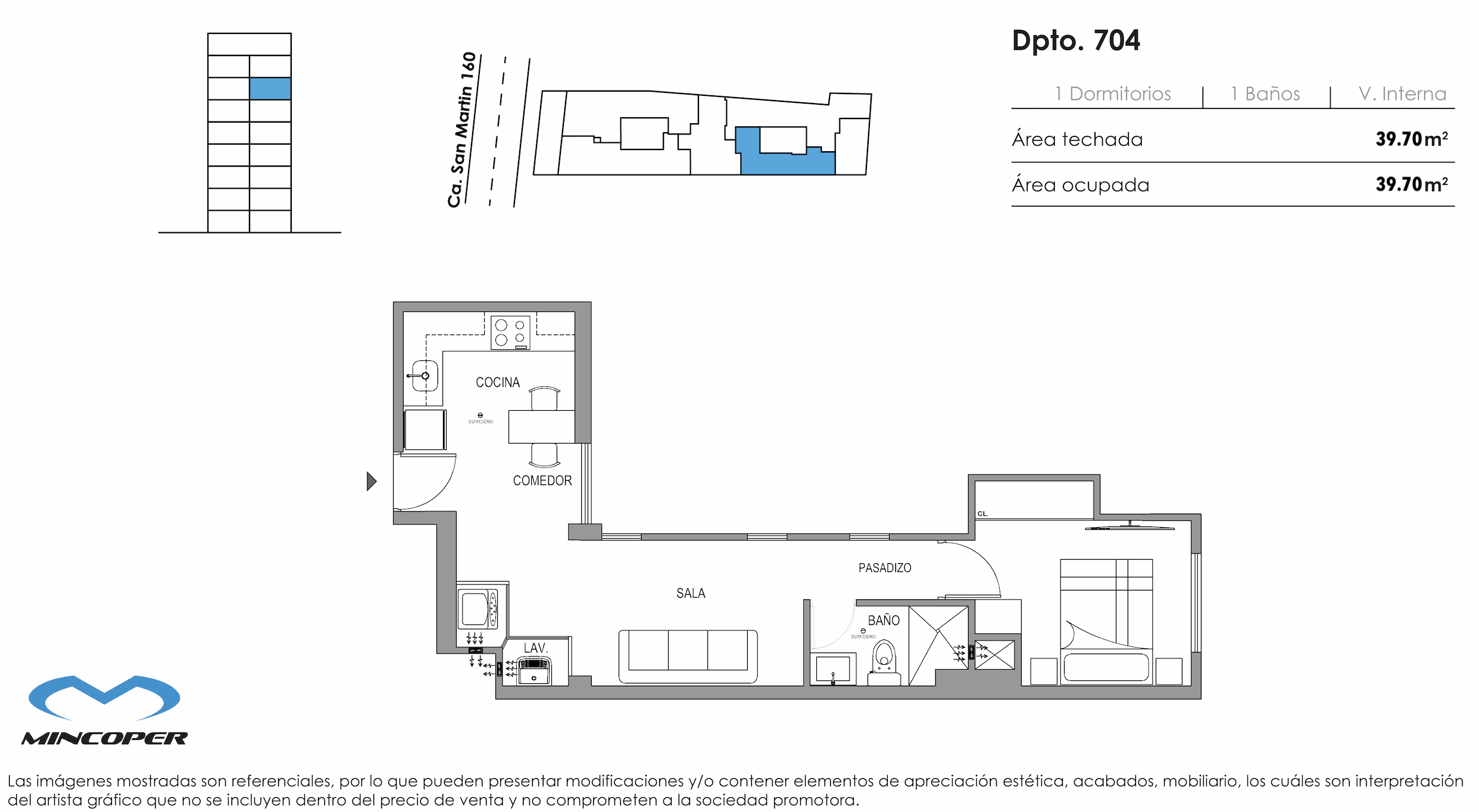 Área total: 39,70 m² / Baños: 1 / Dormitorios: 1