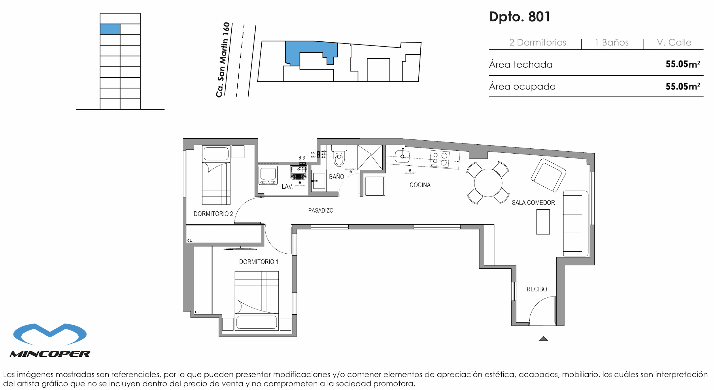 Área total: 55,05 m² / Baños: 1 / Dormitorios: 2