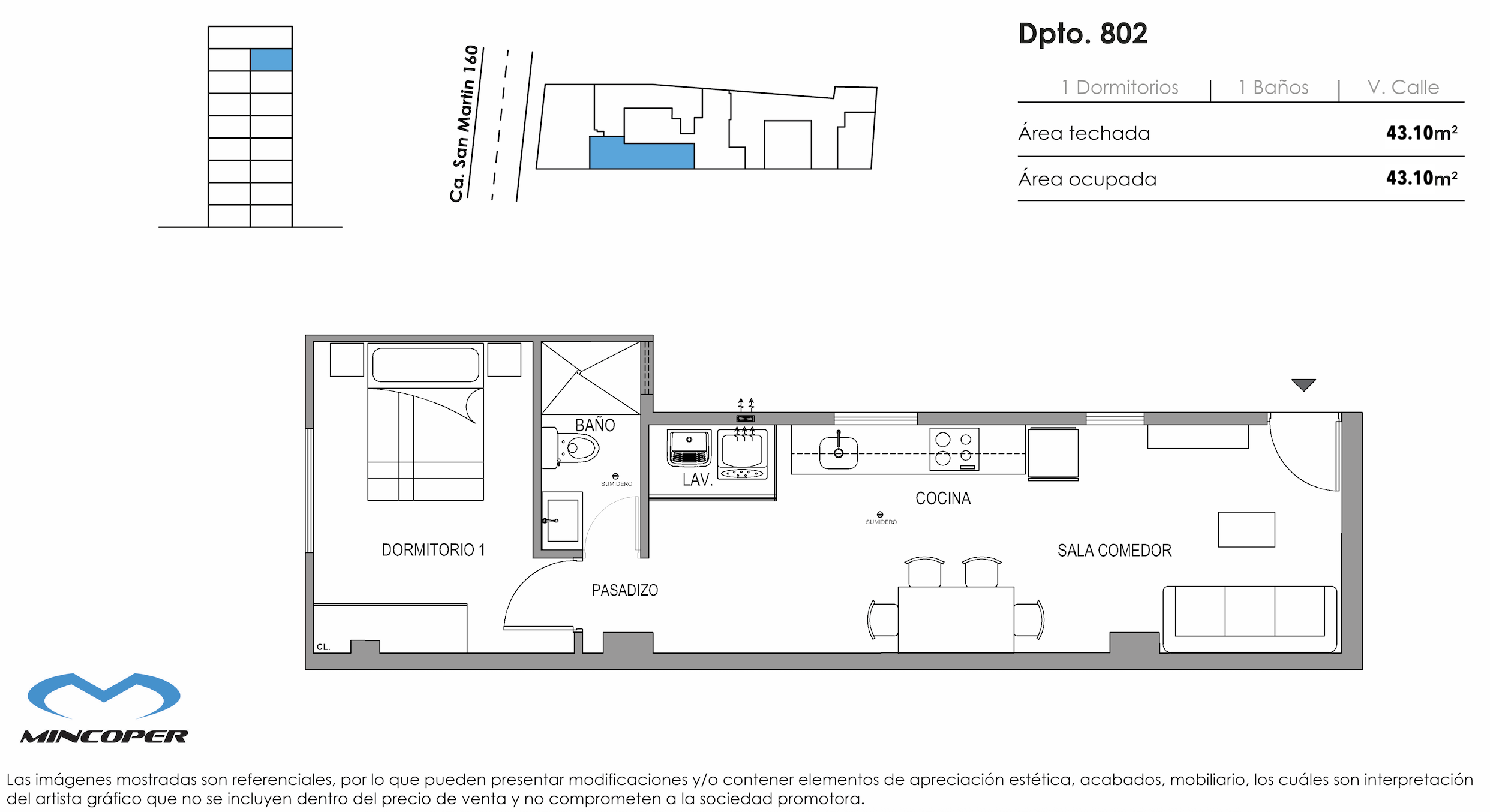 Área total: 43,10 m² / Baños: 1 / Dormitorios: 1