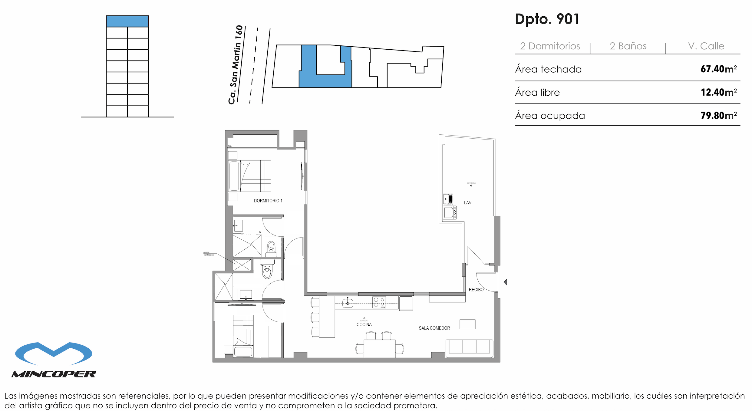 Área total: 79,80 m² / Baños: 2 / Dormitorios: 2